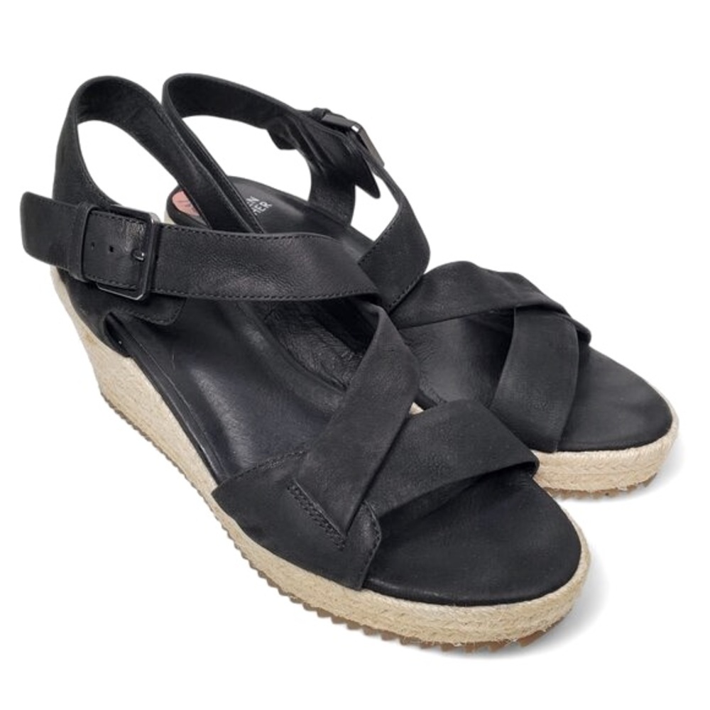 Eileen Fisher Beckon Women’s Black Weathered Leather Espadrille Wedge Sandal 9.5